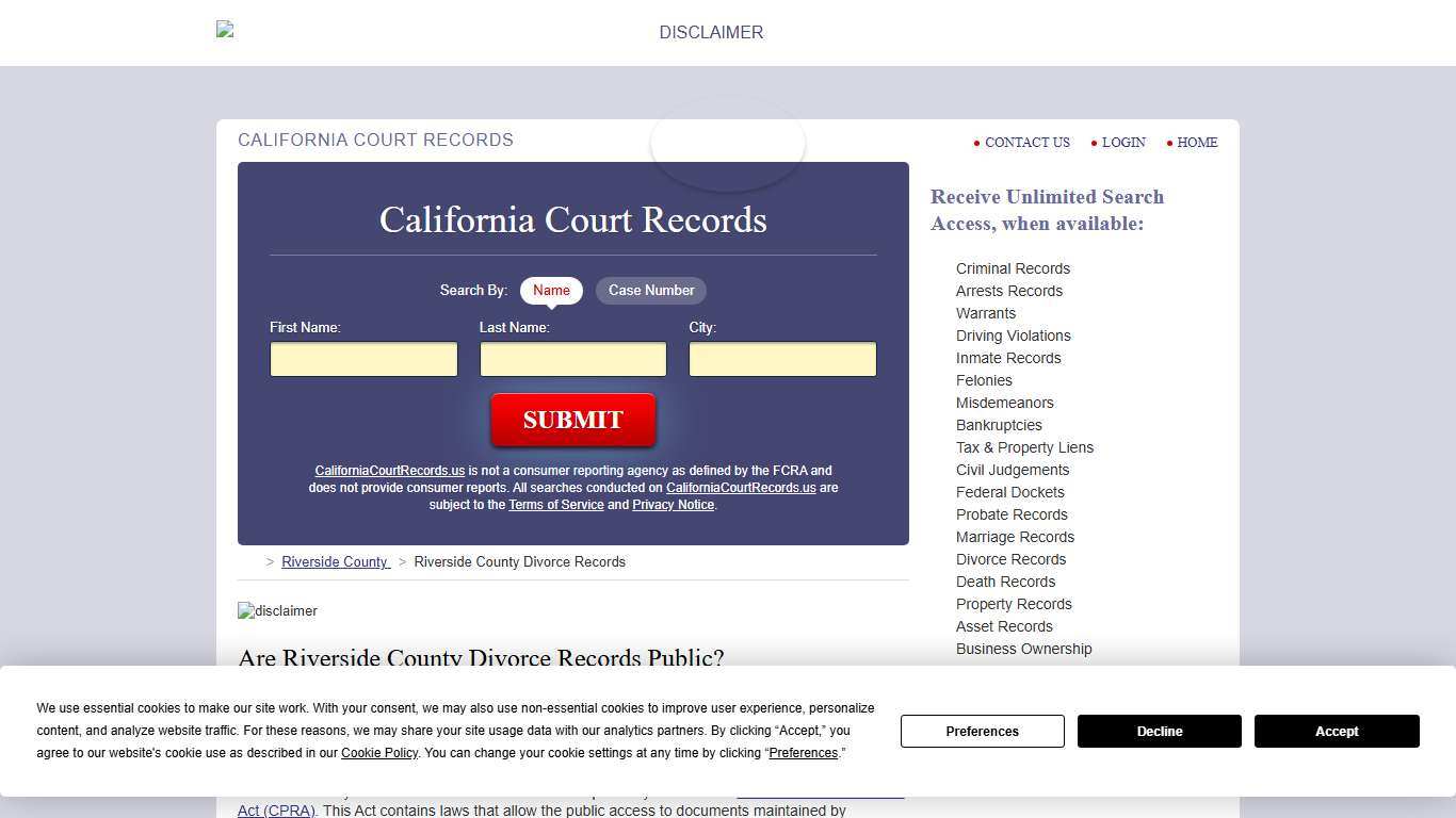 Riverside County Divorce Records CaliforniaCourtRecords.us